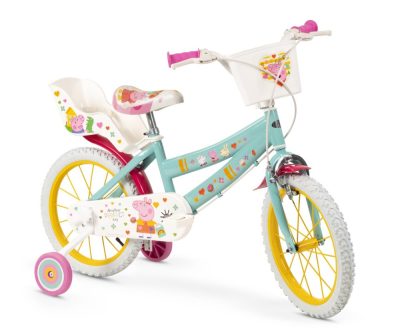 Bicicleta copii Toimsa Peppa Pig Green 16 inch, cu cosulet frontal si scaunel pentru papusi, de la 5 ani, inaltimea recomandata 110-120 cm, scaun si ghidon reglabile, roti ajutatoare detasabile
