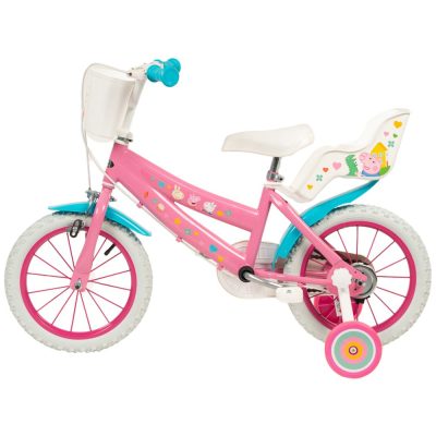 Bicicleta copii Toimsa Peppa Pig Pink 16 inch, cu cosulet frontal si scaunel pentru papusi, de la 5 ani, inaltimea recomandata 110-120 cm, scaun si ghidon reglabile, roti ajutatoare detasabile