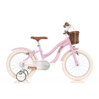 Bicicleta cu pedale, Dino Bikes, Retro, Cu roti ajutatoare, Cu cosulet frontal vintage, Claxon, 16 inch, Pana la 125 cm, Pink
