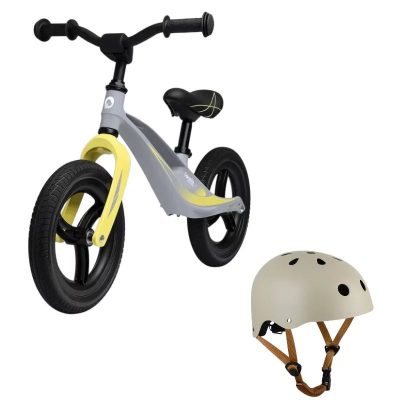 Bicicleta fara pedale, Lionelo, Bart Tour, Usoara, Cu cadru din magneziu, 3.3 Kg, 12 inch, Gri + Casca pentru copii, Reglabila 50-56 cm, Bej