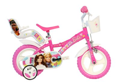 Bicicleta pentru copii Dino Bikes Barbie roz 12 inch, varsta 3-4 ani, cu o inaltime cuprinsa intre 87-110 cm, sistem cu 1 frana, pinion fix, roti spuma EVA, scaunel pentru papusa si cosulet fata