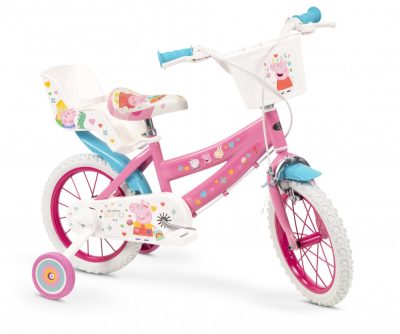 Bicicleta pentru fetite Toimsa Peppa Pig Pink 14 inch cu roti ajutatoare, 2 cosulete, frana de mana pe ambele roti, scaun si ghidon reglabile pe inaltime