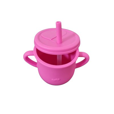 Cana din silicon cu manere si pai pentru copii 200 ml fucsia