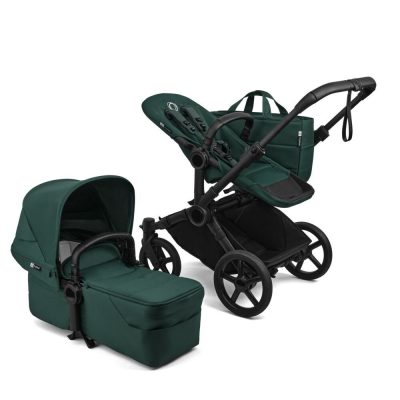 Carucior 2 in 1 pentru copii Bugaboo Donkey 6 Complete Black Green, cu suspensii, spatar reglabil, maner ajustabil si pliere compacta
