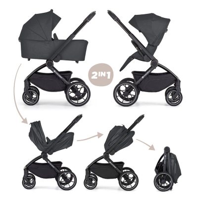 Carucior 2 in 1 pentru copii PetiteMars Scout Gri cu landou pliabil, reversibil, spatar si suport de picioare reglabile, maner ajustabil, accesorii, pana la 22 kg, 0 luni+