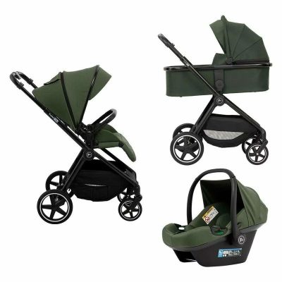 Carucior 3 in 1, FreeON, Zack, Cu cadru din aluminiu, Landou, Scoica auto, Geanta pentru mamici, Conform cu standardele EN 1888:2018 si ECE R129, Olive