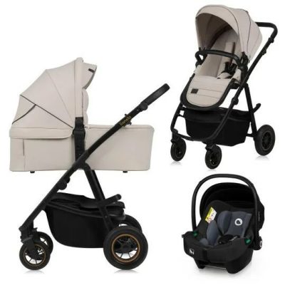 Carucior 3 in 1, Lionelo, Amber Plus, Cadru aluminiu, Cu landou intarit si salteluta moale, Cu scoica auto testata ADAC, Reversibil, Maner ajustabil, Cu accesorii, Cu ventilatie panoramica 3D, Pana la 22 kg, EN1888-1, EN1888-2, EN1466, ECE R129, Bej