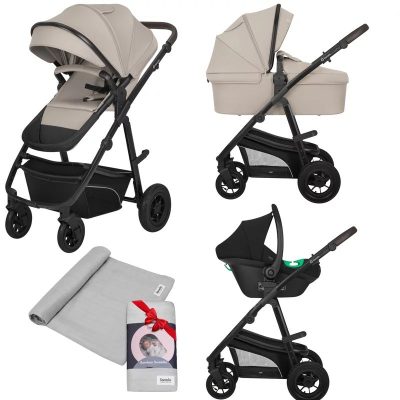 Carucior 3 in 1, Lionelo, Bianka Bej, Transformabil, Cu landou si salteluta moale, Cu scoica auto, Sustine 22 kg, Cu muselina din bambus, 120x120 cm, Gri