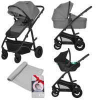 Carucior 3 in 1, Lionelo, Bianka Grey Stone, Transformabil, Cu landou si salteluta moale, Cu scoica auto, Sustine 22 kg, Cu muselina din bambus, 120x120 cm, Gri