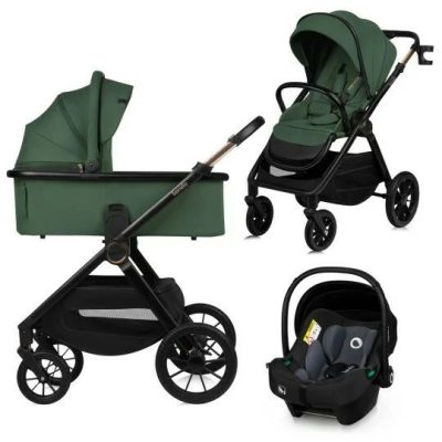 Carucior 3 in 1, Lionelo, Layla, Pana la 22 kg, Cadru aluminiu, Cu landou intarit si salteluta din spuma AirDots, Cu scoica auto testata ADAC, Reversibil, Cu ventilatie 3D, Cu accesorii, EN1888-1, EN1888-2, EN1466, Verde