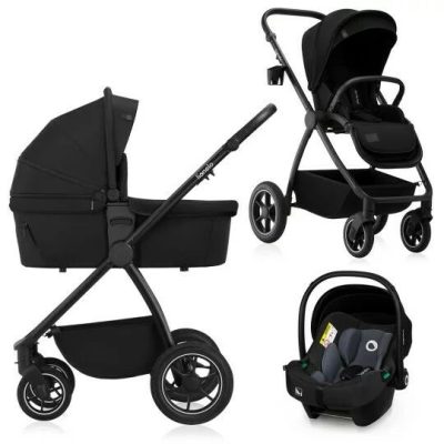 Carucior 3 in 1, Lionelo, Meril, Cu landou de dimensiune XL, Reversibil, Cu scoica auto testata ADAC, Cu accesorii, Pana la 22 kg, Conform cu EN1888-1 EN1888-2, EN1466, Negru