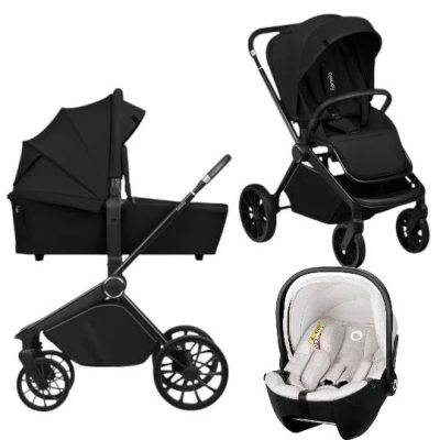Carucior 3 in 1, Lionelo, Mika Plus, Cu scoica auto Moxie Bej, Reversibil, Cu sistem de ventilatie 3D, Cu accesorii, Pana la 22 kg, EN1888-1 EN1888-2 EN1466 ECE R129, Negru