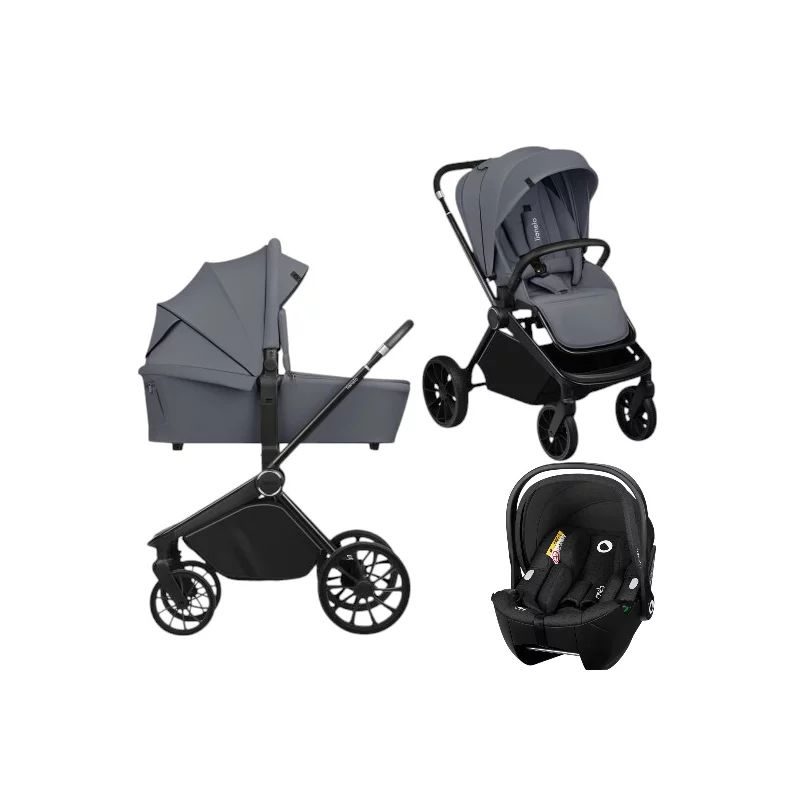 Carucior 3 in 1, Lionelo, Mika Plus, Cu scoica auto Moxie Black Carbon, Reversibil, Cu sistem de ventilatie 3D, Cu accesorii, Pana la 22 kg, EN1888-1 EN1888-2 EN1466 ECE R129, Gri