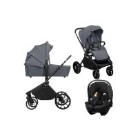 Carucior 3 in 1, Lionelo, Mika Plus, Cu scoica auto Moxie Black Carbon, Reversibil, Cu sistem de ventilatie 3D, Cu accesorii, Pana la 22 kg, EN1888-1 EN1888-2 EN1466 ECE R129, Gri