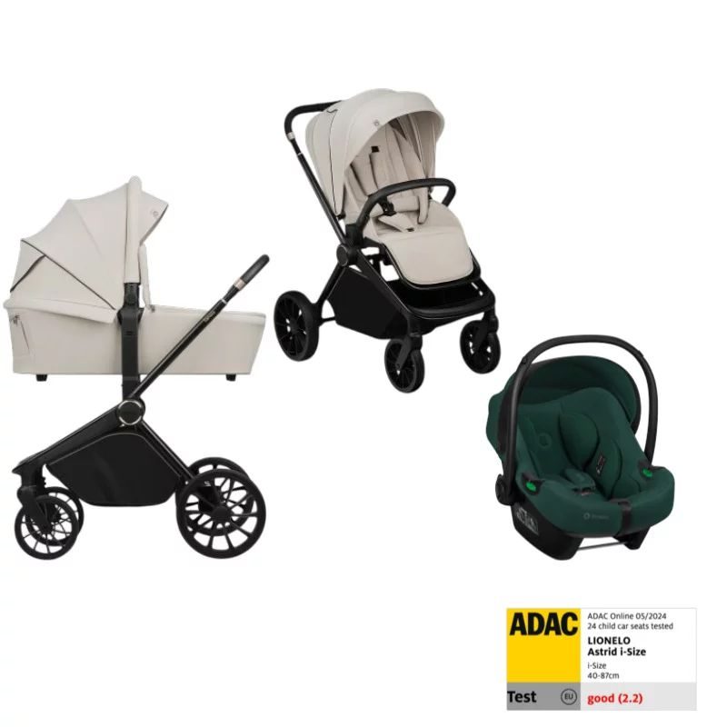 Carucior 3 in 1, Lionelo, Mika Plus, Cu scoica auto Verde testata ADAC, Reversibil, Cu sistem de ventilatie 3D, Cu accesorii, Pana la 22 kg, EN1888-1 EN1888-2 EN1466 ECE R129, Bej