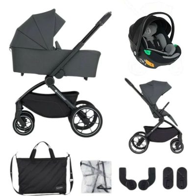 Carucior 3 in 1, Petite&Mars, Scout, Scoica inclusa, Cu landou pliabil, Reversibil, Spatar si suport de picioare reglabile in 3 pozitii, Maner ajustabil, Cu accesorii, Pana la 22 kg, 0 luni+, Gri