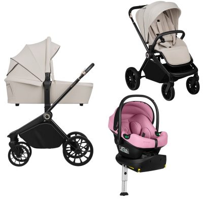 Carucior 4 in 1, Lionelo, Mika Plus, Cu scoica auto testata ADAC Pink Coral + Baza Isofix cu rotire 180 grade, Reversibil, Pana la 22 kg, Beige Sand