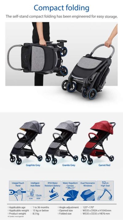 Carucior cu pliere compacta si frana automata Combi Japonia AuraStar Dark Grey