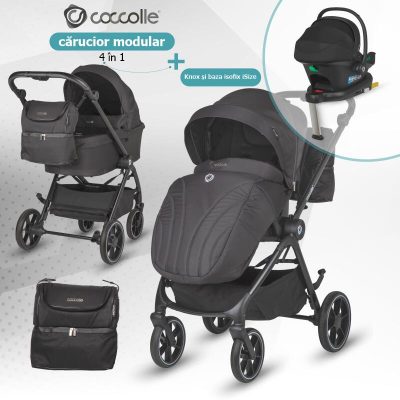 Carucior modular 4 in 1 pentru copii Coccolle Serry Jet Black cu Scoica auto iSize Coccolle Knox Black si Baza isofix iSize Coccolle Knox