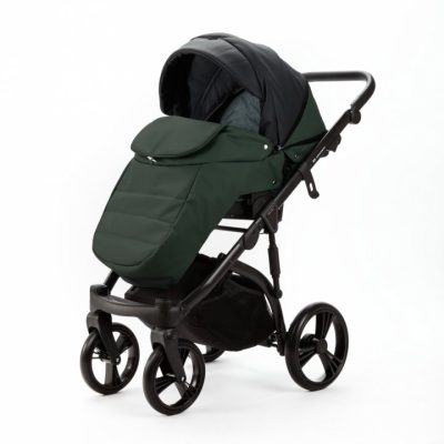Carucior pentru copii 2 in 1, Adamex Lanti SD41, pliabil, landou cu salteluta, copertina reglabila, roti frontale pivotante 360, cu dubla suspensie si husa de ploaie inclusa, Full EcoLeather, Green  Black