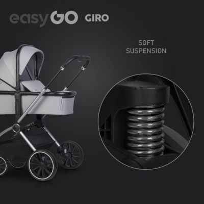 Carucior pentru copii 2 in 1 Easy Go Giro, pana la 22 kg, cu landou 80 cm, Maner telescopic, copertina XXL, pliere tip pendul, cadru ultra-usor din aluminiu, accesorii incluse, Cloud Grey