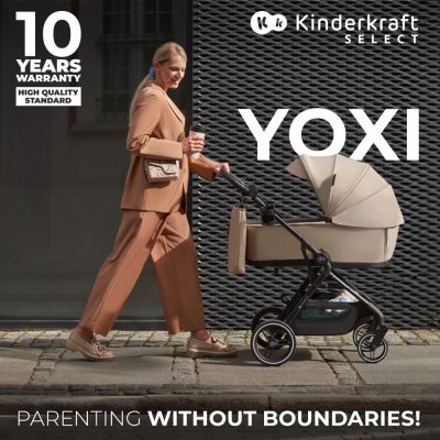Carucior pentru copii 3 in 1 Kinderkraft Yoxi Sand Beige 0-22 kg, cadru din aluminiu, accesorii incluse