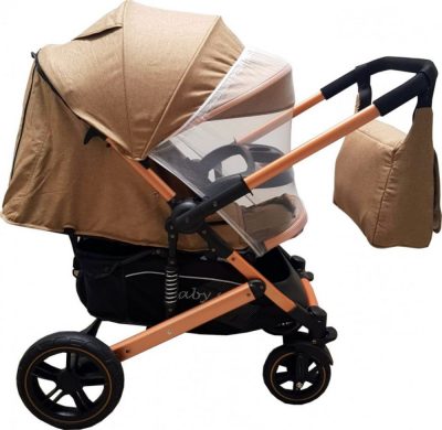 Carucior pentru copii Baby Care Pro 512 Maro Gold cu Suspensii, Cadru aluminiu Gold, Maner reversibil, Spatar reglabil in 5 trepte, Frana picior, Plasa insecte, Geanta