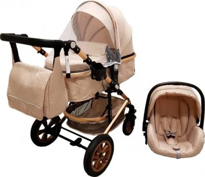 Carucior pentru copii Baby Care Pro 530 Crem 3 in 1 Transformabil, Cadru Aluminiu, Amortizoare, Roti din cauciuc, Spatar reglabil 3 trepte, Plasa insecte, Geanta
