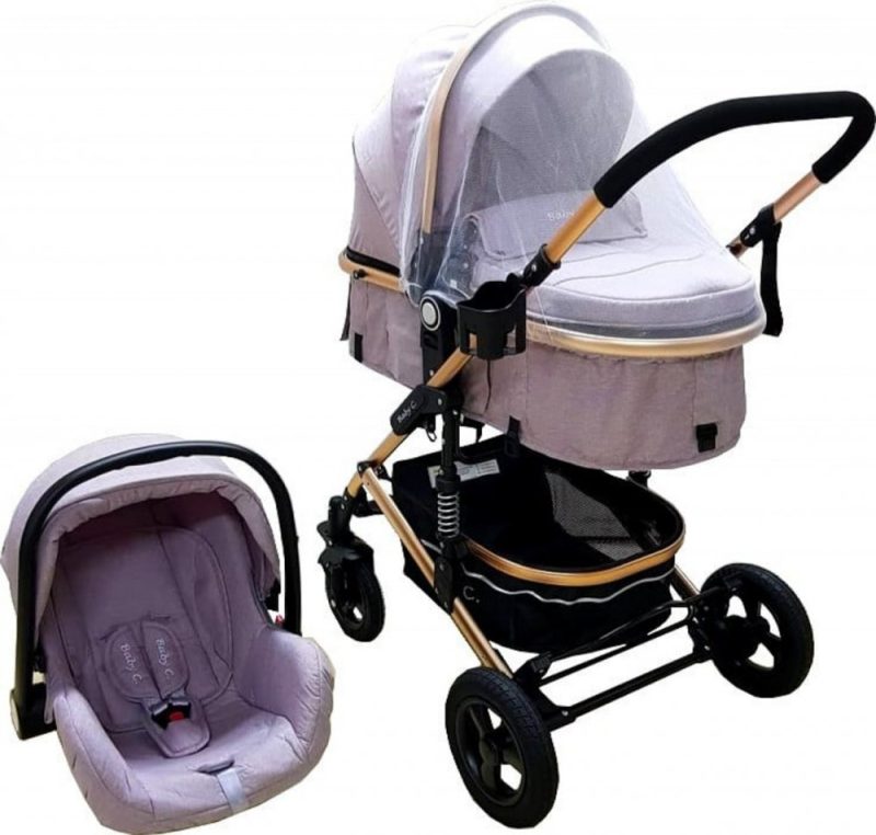 Carucior pentru copii Baby Care PRO 531 Gri 3 in 1, Cadru Aluminiu, Amortizoare, Roti din cauciuc plin, Landou, Scoica auto, Spatar reglabil 3 trepte, Plasa insecte