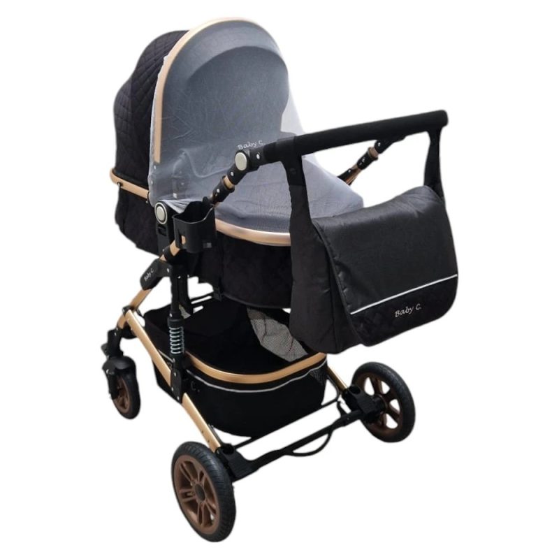 Carucior pentru copii Baby Care PRO 531 Negru 2 in 1 Cu geanta bebe, Cadru Aluminiu Gold , Amortizoare, Roti din cauciuc plin, Spatar reglabil 3 trepte, Plasa insecte
