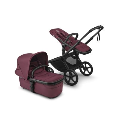 Carucior pentru copii Bugaboo Fox 5 Renew Black Dark Cherry 2 in 1 cu maner reglabil, reversibil, suspensii, cadru din aluminiu