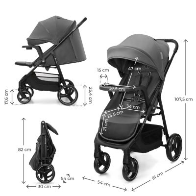 Carucior pentru copii Kinderkraft Trig 3 Granite Grey cu tava inclusa, suspensii, greutate admisa 22 kg