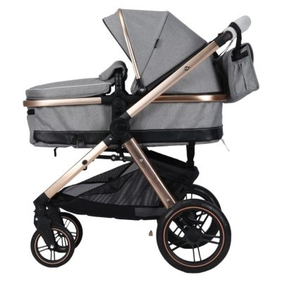 Carucior pentru copii Novokids X2000 series Gri 3 in 1 , spatar reglabil, reversibil, landou , geanta, cadru aluminiu Gold, amortizoare, roti din cauciuc, scoica auto, plasa insecte