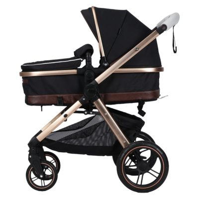 Carucior pentru copii Novokids X2000 series Negru 3 in 1 , spatar reglabil, reversibil, landou , geanta, cadru aluminiu Gold, amortizoare, roti din cauciuc, scoica auto, plasa insecte