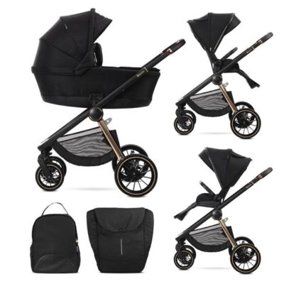 Carucior set 2 in 1, Lorelli Bianca, cos landou individual cu maner de transport, cadru din aluminiu, pana la 22 kg, Black