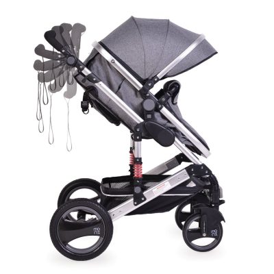 Carucior transformabil 2in1 Moni Gala Dark Grey cu sistem dublu de suspensii,cadru din aluminiu,maner reglabil pe inaltime,copertina XXL,sezut reversibil,husa picioare si geanta mamici inclusa