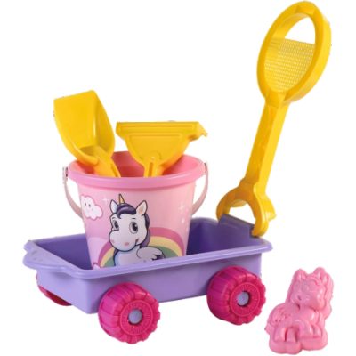 Carucior Unicorn cu unelte pentru apa si nisip si galetusa incluse