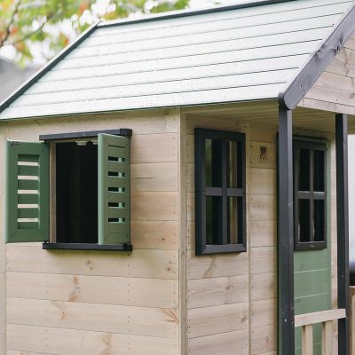 Casuta de gradina pastel Green Adventure Cottage cu platforma, tobogan, leagan dublu si modul sport Wendi Toys