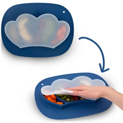 Farfurie compartimentata Ricokids Albastru royal cu capac din silicon ,fara bpa,potrivit pentru masina de vase si microunde