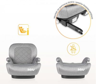 Inaltator auto copii Caretero Irbis I-Size Grey Melange 125-150 cm, fixare cu isofix, centura de ghidaj, spatar reglabil si detasabil, husa lavabila, cotiere, Certificat R129