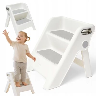 Inaltator scarita pliabil, Primabobo, Mia, Cu doua trepte, Colturi rotunjite, Manere ergonomice, Baza si trepte antiderapante, Capacitate 60 kg, 37x40x41 cm, Alb