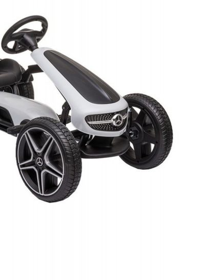 Kart cu pedale pentru copii Novokids Mercedes Benz Kart Pro Alb, cu claxon si melodii, structura metalica, frana de mana, functie freewheel, scaun ajustabil, mers cu spatele