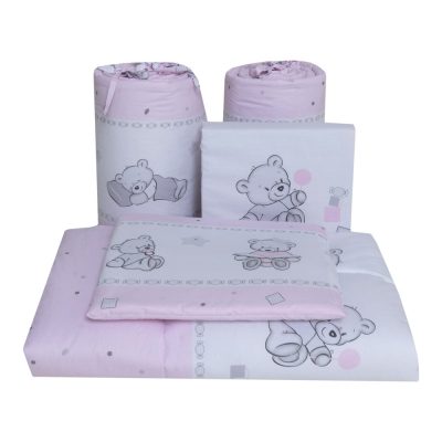 Lenjerie din bumbac cu 4 piese pentru saltea 140x70 cm Beberoyal BearsToys Roz