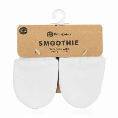 Manusi pentru nou-nascuti, Petite&Mars, Smoothie, Bumbac 100%, Material moale si respirabil, Protectie impotriva zgarieturilor, Manseta lata, 2 straturi, 6 x 10 cm, 0 luni+, Alb
