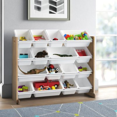 Organizator din lemn Ginger Home Wood Alb pentru jucarii si carti,cu 16 cutii de depozitare din plastic interschimbabile de diferite dimensiuni,utilizare camera copii,gradinite,afterschool