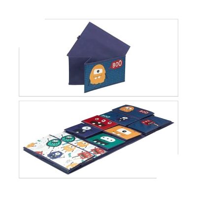 Organizator din lemn pentru copii Ginger Home Monster pentru jucarii cu 9 cutii textile detasabile,colturi si margini rotunjite,dimensiune 92x30x60 cm