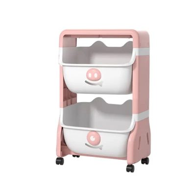 Organizator pentru copii Little Mom Piggy Pink cu 2 nivele, echipat cu 2 cutii deschise, prevazut cu roti, dimensiuni 63x40x27 cm