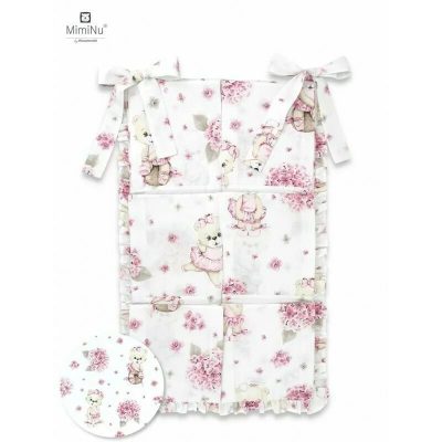 Organizator pentru patut, MimiNu, Din bumbac certificat Oeko Tex Standard 100, Cu 6 compartimente, Doua panglici, 70x40 cm, Cu volanase, Design, Pink Ballerina