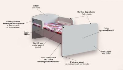 Pat pentru copii alb cu manere si saltea, 2-12 ani, 160x80 cm