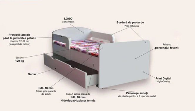 Pat pentru copii Tomas, cu sertar, 2-8 ani, 140x70 cm